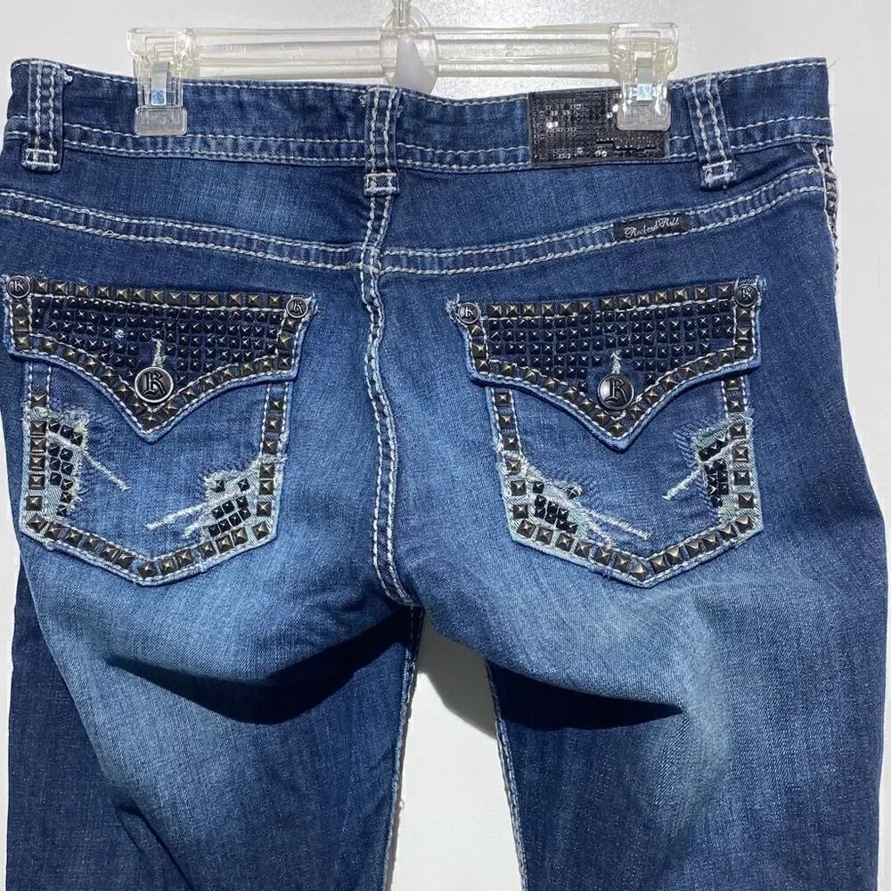 Rock and Roll Cowgirl Women's Blue‎ Embellished Low Rise Jeans Size 33X34